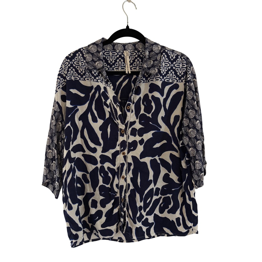 Anthropologie Mixed Print Linen Blend Button Down Shirt Navy Cream Small